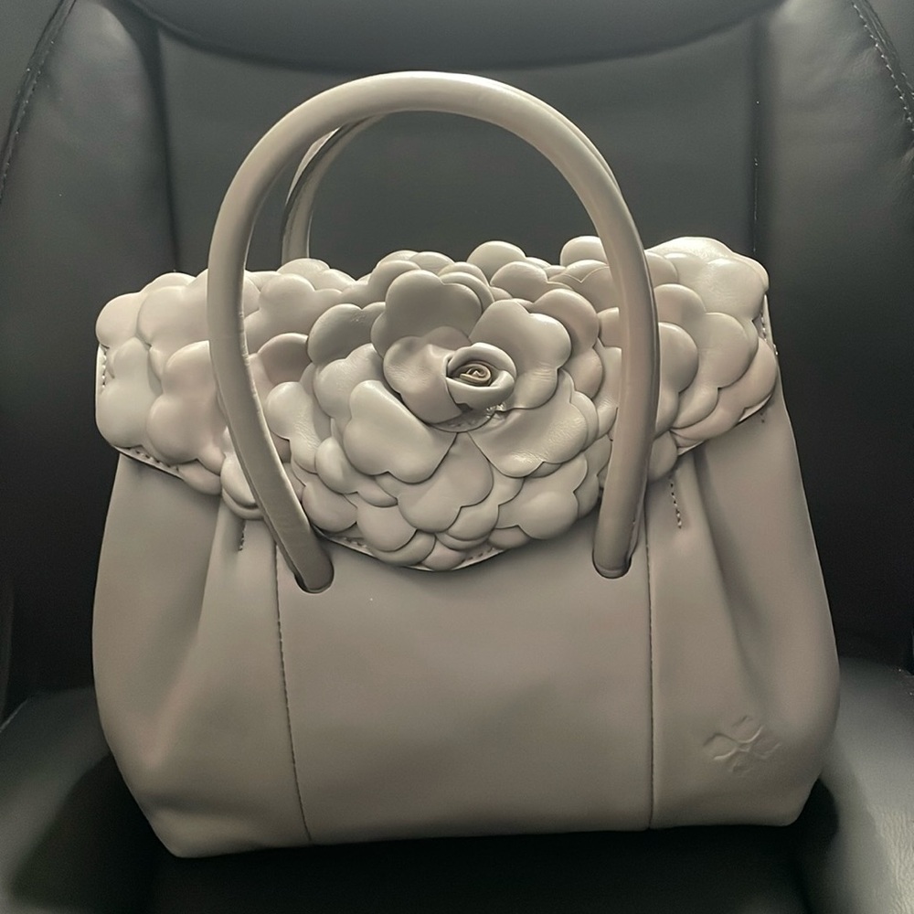 Patricia Nash Notley Flower Petals Stone (Grey) Leather Satchel Bag